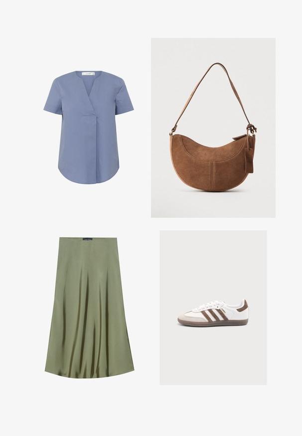 Kortærmet bluse med v-udskæring i lyseblå, med en plisseringdetalje foran, rund bundkant og glat tekstur.; Oliven grøn midi-nederdel lavet af glat stof, med et fladende design og subtil glans samt en lige talje.; Hvid Adidas Samba sneaker med brune ruskindstriber, brun hælflap, beige tåhætte og gennemsigtig gummisål, vist fra siden.; Brun ruskinds håndtaske med en buet, halvmåneformet silhuet. Har en skulderrem, et lille mærke og synlige sømme langs kanterne.