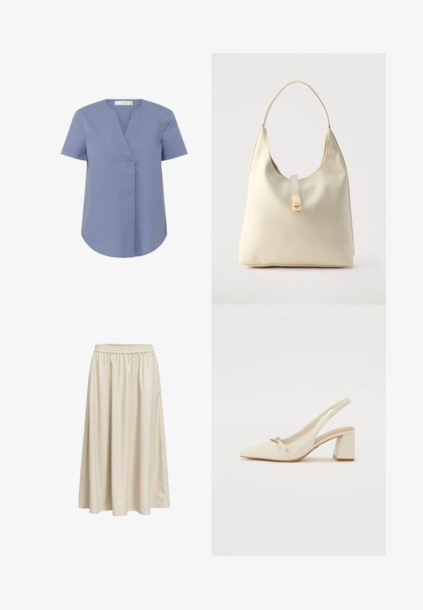 Kortærmet bluse med v-udskæring i lyseblå, med en plisseringdetalje foran, rund bundkant og glat tekstur.; Beige midinederdel med elastisk talje, flydende stof og en glat finish, vist mod en hvid baggrund.; Beige læder slingback sko med spidse tå, lav blokhæle og lille sløjfedetalje foran. Glat tekstur og minimalistisk design.; Hobo-taske i cremefarvet læder med en enkelt skulderrem, glat tekstur og et guldfarvet spænde foran.