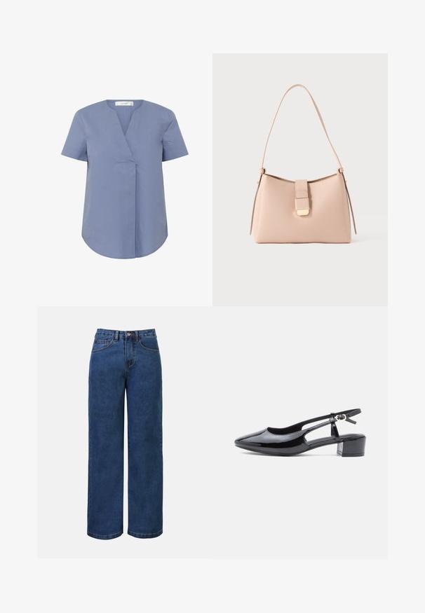 Kortærmet bluse med v-udskæring i lyseblå, med en plisseringdetalje foran, rund bundkant og glat tekstur.; Mørkeblå denim bukser med bred benvidde og høj talje, der har knaplukning, bæltestropper samt for- og baglommer. Glat tekstur.; Sorte laklæder slingback sko med spids tå, udskårne sider og en lav blokhæl. Har en ankelrem med spænde.; Lyserød håndtaske med en buet form, lavet af tekstureret materiale. Har en flad rem og en låsedetalje i guldton på forsiden.