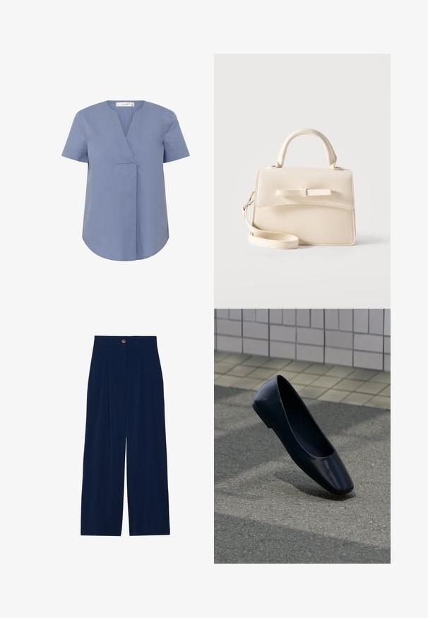 Blouse à manches courtes, col en V, de couleur bleu clair, présentant un détail plissé à l'avant, un ourlet arrondi et une texture lisse.; Pantalons larges bleu marine en matériau doux, avec des plis avant, une fermeture à bouton et deux poches latérales.; Chaussure plate en cuir noir debout sur une surface asphaltée près du bord d'un trottoir carrelé.; Petit sac à main beige avec poignée supérieure, bandoulière amovible, rabat avant et nœud horizontal décoratif sur un fond uni.