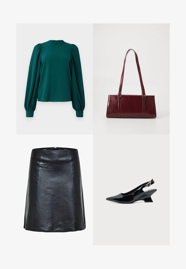 Cyan blouse met lange, geblokte mouwen en een hoge halslijn. Gemaakt van een textuurstof, met geplooide details op de schouders en manchetten.; Zwarte leren A-lijn rok met zichtbare stiksels en een lichte glans, met een hoge taille en een korte zoom.; Zwarte lakleren slingback schoen met spitse neus en lage schuine blokhak op een effen lichte achtergrond.; Bourgondische handtas van glanzend materiaal, rechthoekige vorm, met twee schouderbanden en subtiele gebogen accenten aan de voorkant.