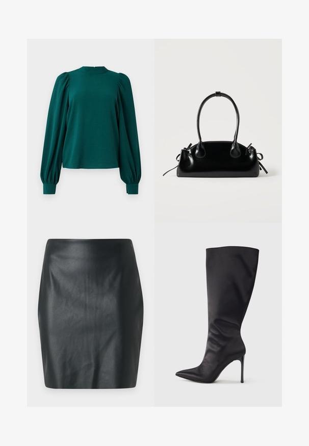Teal bluse med lange, puffede ærmer og høj halsudskæring. Fremstillet af struktureret stof med samlede detaljer ved skuldrene og manchetterne.; Sort faux læder mini skirt med en glat tekstur, slim fit og lige pasform. Ingen synlig hardware eller udsmykninger.; Sort knæhøj stiletstøvle lavet af glat, glansfuldt materiale; spids tå; tætsiddende pasform med let samling nær anklen; skinnende hæl.; Lille sort blank håndtaske med to lange håndtag og snøre-detaljer i siden på en ensfarvet lys baggrund.