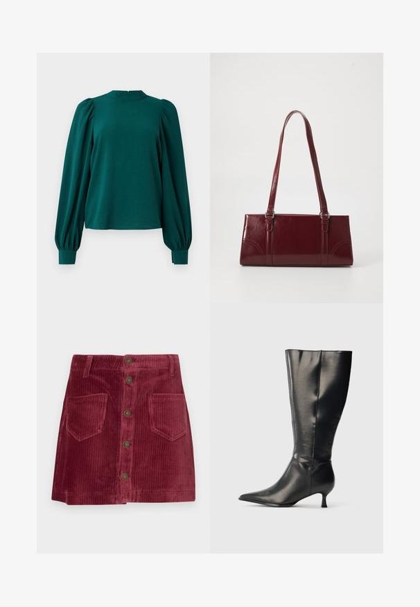 Teal bluse med lange, puffede ærmer og høj halsudskæring. Fremstillet af struktureret stof med samlede detaljer ved skuldrene og manchetterne.; Lys rød corduroy mini nederdel med frontlukning med knapper, to frontlommer og bæltestropper.; Sort knæhøj læderstøvle med spids tå og lav kittenhæl, vist på en enkel lys baggrund.; Bordeaux håndtaske lavet af glansfuldt materiale, rektangulær form, med to skulderremme og subtile buede detaljer på forsiden.