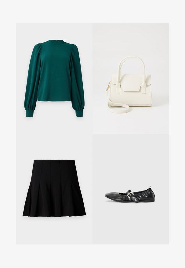 Teal bluse med lange, puffede ærmer og høj halsudskæring. Fremstillet af struktureret stof med samlede detaljer ved skuldrene og manchetterne.; Sort kort plisseret nederdel lavet af et glat stof. Har en elastisk talje og en flagrende silhuet, der når til midten af låret.; Sorte læder flade sko med spids tå, samling detaljer omkring åbningen, og en sølv spænde accent på den justerbare rem.; Lille hvid håndtaske med dobbelte håndtag, frontklap og aftagelig skulderrem med guldlås på hvid baggrund.