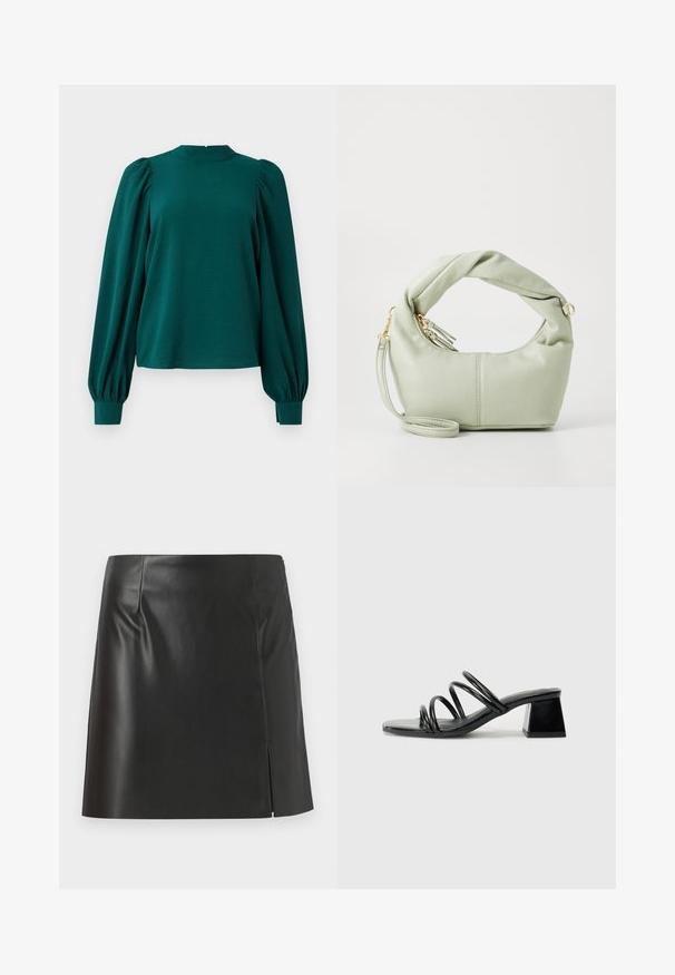 Teal bluse med lange, puffede ærmer og høj halsudskæring. Fremstillet af struktureret stof med samlede detaljer ved skuldrene og manchetterne.; Sorte læder miniskirt med lige snit, glat tekstur og lynlås på siden med en splitdetalje på den ene side.; Sorte hælede sandaler med firkantet tå, der har tre snoede stropper på overdelen og en kraftig firkantet hæl. Glat, skinnende materiale.; Grøn faux læder håndtaske med et snoet håndtag, guldfarvet hardware og en aftagelig rem. Rundet form med en glat tekstur og sømdetaljer.