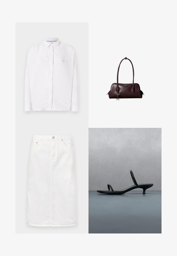 Weißes Langarmhemd mit dezenten vertikalen Streifen und kleinem Kragen, vor einfachem Hintergrund präsentiert.; Weiße Jeansrock mit einem Frontreißverschluss, Fünf-Taschen-Design und geradem Schnitt mit Nähtelementen.; Schwarze Calvin Klein Sandalette mit dünnen Riemen und Absatz, balanciert auf Holzfliesen im Freien neben einer Wand und Grünpflanzen.; Dunkelbraune Lederhandtasche von Calvin Klein mit langen doppelten Griffen und einem kleinen Logoanhänger, der an einem Griff hängt.