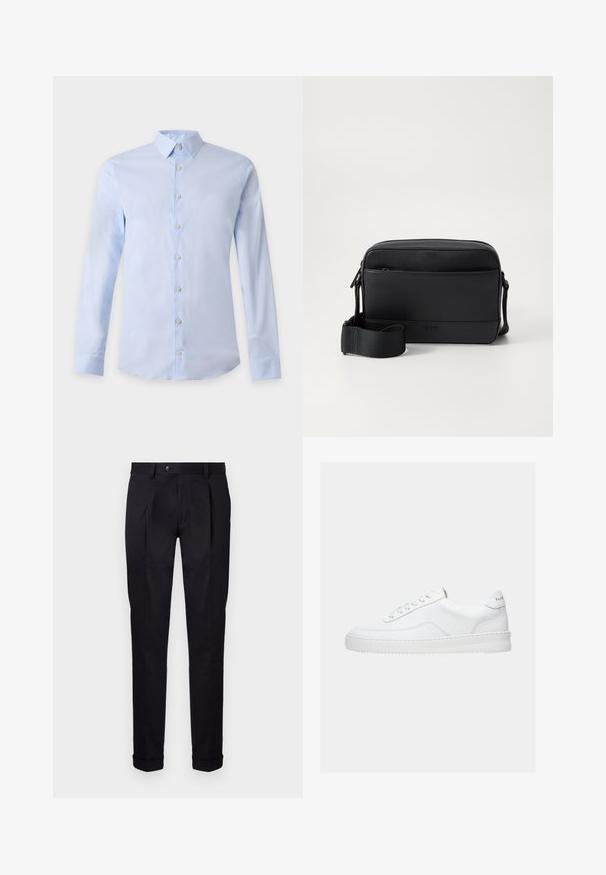 Lichtblauw herenoverhemd met lange mouwen, klassieke kraag en witte knopen aan de voorkant op een effen achtergrond.; Op maat gemaakte zwarte broek van gladde stof, met een vlakke voorkant, twee voorplooien en omgeslagen boorden voor een scherpe, gestructureerde uitstraling.; Witte lage sneaker met vetersluiting, glad leren bovenwerk en dikke zool, gezien vanuit de zijkant tegen een effen achtergrond.; Zwarte schoudertas van soepel leer met een voorvak, ritssluiting en verstelbare stoffen schouderband. Merkenlogo is in de voorkant gedrukt.