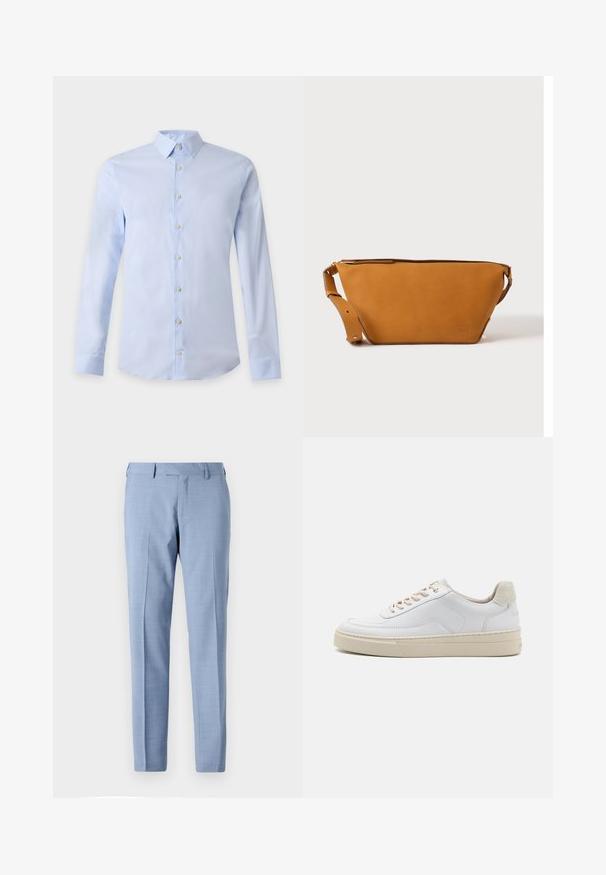 Lichtblauw herenoverhemd met lange mouwen, klassieke kraag en witte knopen aan de voorkant op een effen achtergrond.; Lichtblauwe op maat gemaakte pantalon met een vlakke voorkant, zijzakken, riemlussen en een rechte pijpsnede op een effen achtergrond.; Witte sneaker met een gevoerd leren bovenwerk, beige veters en een gestructureerde beige suede hieltab. Verhoogde zool voor extra hoogte.; Lichtbruine leren crossbodytas met verstelbare band en ritssluiting, getoond tegen een effen lichte achtergrond.
