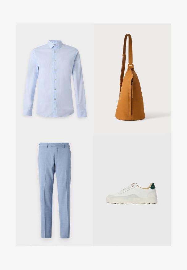 Lichtblauw herenoverhemd met lange mouwen, klassieke kraag en witte knopen aan de voorkant op een effen achtergrond.; Lichtblauwe op maat gemaakte pantalon met een vlakke voorkant, zijzakken, riemlussen en een rechte pijpsnede op een effen achtergrond.; Witte sneaker met suède accenten, ronde neus, platte veters en een crème rubberen zool. Bevat groene branding op de hiel.; Lichtbruine leren schoudertas met verstelbare band en verticale ritszak, zijaanzicht tegen een effen lichte achtergrond.