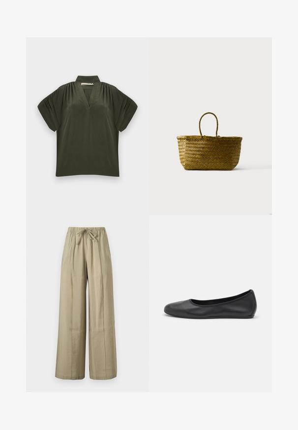 Haut vert foncé à manches courtes avec col montant, encolure en V, épaules froncées et coupe ample sur fond clair.; Pantalon beige à jambes larges avec taille élastique et lien à l’avant, en tissu léger pour un usage décontracté.; Ballerines en cuir noir avec un bout rond, texture lisse, détails de couture minimalistes et design de semelle flexible.; Sac cabas en paille tressée avec une anse en boucle, forme rectangulaire arrondie et couleur naturelle marron sur un fond uni.
