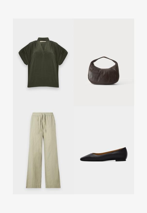 Haut vert foncé à manches courtes avec col montant, encolure en V, épaules froncées et coupe ample sur fond clair.; Pantalon beige clair à jambes larges avec taille élastique et cordon, devant plat et poches latérales, présenté sur fond blanc.; Chaussure plate en cuir noir à bout pointu avec talon bas et finition lisse, vue de côté sur un fond gris clair.; Petit sac à main marron foncé texturé avec une courte bandoulière et un fond arrondi sur un fond clair uni.