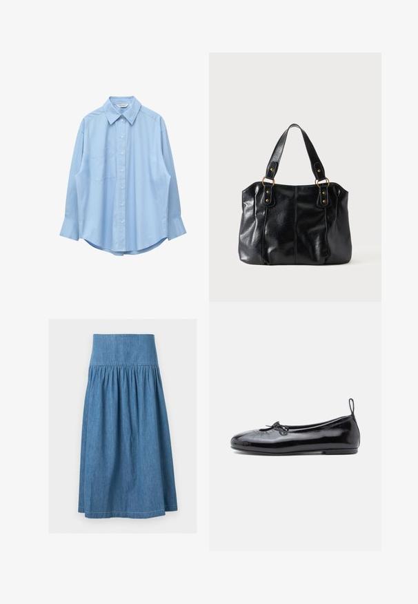 Chemise bleu clair à manches longues avec col pointu et poche poitrine gauche, présentée à plat sur un fond blanc.; Jupe en denim bleu mi-longue avec une large ceinture élastique et un tissu froncé pour une silhouette légèrement évasée.; Ballerine en cuir verni noir avec un bout rond, un petit nœud décoratif et une texture lisse ; présente une semelle plate basse et une languette au talon.; Sac à épaule en cuir noir avec double anses attachées par des anneaux et rivets dorés, surface lisse et légèrement brillante, design simple.