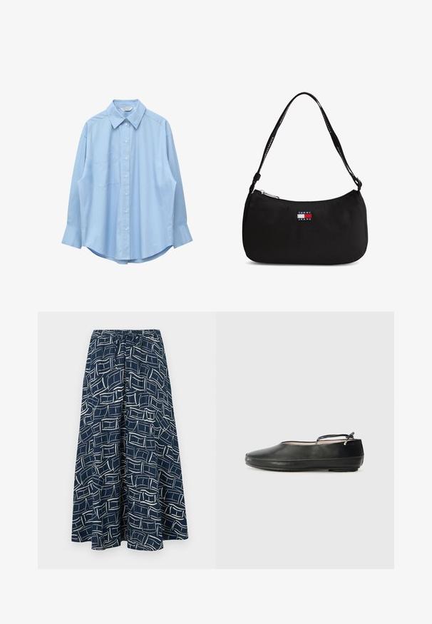 Chemise bleu clair à manches longues avec col pointu et poche poitrine gauche, présentée à plat sur un fond blanc.; Jupe bleu marine avec des motifs de lignes rectangulaires blanches abstraites et une taille élastique avec un cordon.; Ballerines en cuir noir avec un bout arrondi, une sangle à la cheville et une surface lisse. Elles présentent des embellissements minimaux et une semelle en caoutchouc flexible.; Petit sac d'épaule noir avec une fermeture éclair incurvée en haut et un patch logo "Tommy Jeans" à l'avant, doté d'une bandoulière noire avec du texte blanc.