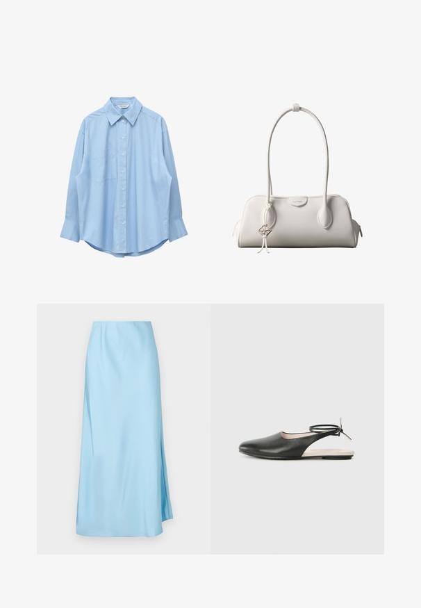 Chemise bleu clair à manches longues avec col pointu et poche poitrine gauche, présentée à plat sur un fond blanc.; Jupe midi bleu clair avec une texture lisse, dotée d'une légère fente latérale et d'une ceinture élastique pour le confort et la facilité de port.; Chaussure en cuir noir avec un bout pointu et un talon ouvert, dotée d'une sangle à la cheville avec un accent métallique. Semelle plate ; design minimaliste.; Sac à bandoulière blanc Calvin Klein avec longues poignées, forme rectangulaire, fermeture éclair et charm logo décoratif suspendu près de la poignée.