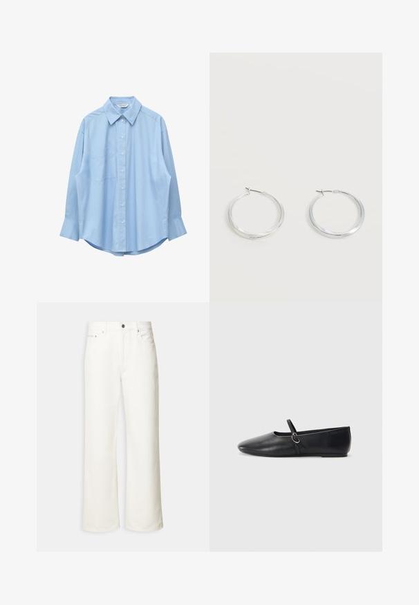 Chemise bleu clair à manches longues avec col pointu et poche poitrine gauche, présentée à plat sur un fond blanc.; Jean blanc à jambes larges avec boutons à l'avant, passants de ceinture et design à cinq poches.; Ballerines noires en cuir avec un bout pointu, une semelle plate et une petite sangle avec un détail de boucle en argent.; Boucles d’oreilles créoles en métal argenté avec une surface lisse légèrement incurvée et des fermoirs à clapet sur un fond blanc uni.