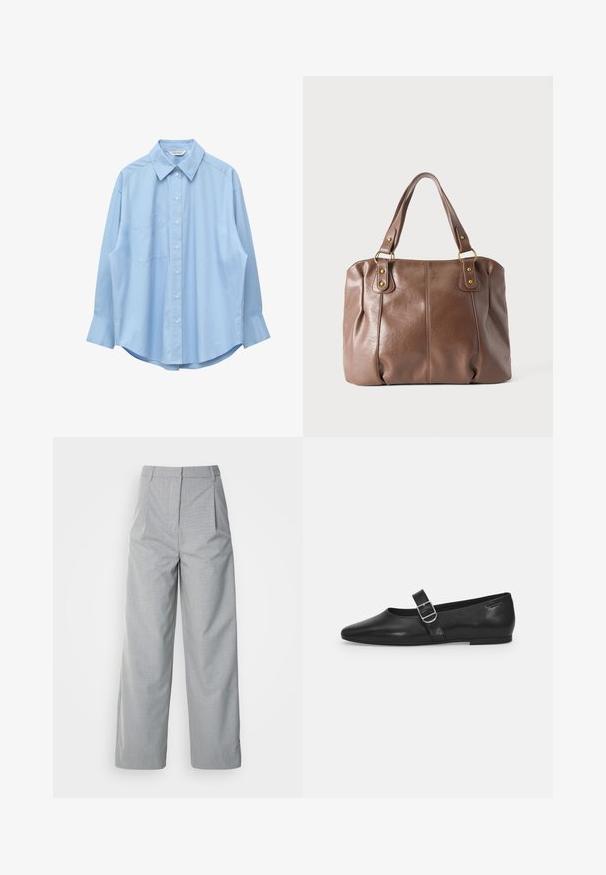 Chemise bleu clair à manches longues avec col pointu et poche poitrine gauche, présentée à plat sur un fond blanc.; Pantalons larges gris en tissu texturé, avec une taille haute, des plis à l'avant et une coupe droite jusqu'à l'ourlet.; Chaussure plate en cuir noir avec un bout arrondi, une seule sangle réglable à boucle et une texture lisse et brillante. Design minimaliste avec un petit talon.; Sac à main en cuir marron avec deux bandoulières attachées par des anneaux et rivets dorés, présenté sur un fond clair uni.