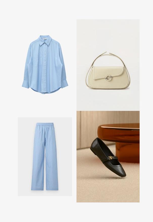 Chemise bleu clair à manches longues avec col pointu et poche poitrine gauche, présentée à plat sur un fond blanc.; Pantalon bleu clair à jambes larges avec fines rayures verticales bleu foncé et une taille élastique.; Chaussure plate en cuir noir avec bout pointu et logo CK doré sur la bride, posée sur un tapis beige près d'une table ronde couleur ambre brun.; Sac à main en cuir crème avec rabat incurvé, fermoir circulaire en argent et poignée courte sur le dessus, sur fond blanc uni.