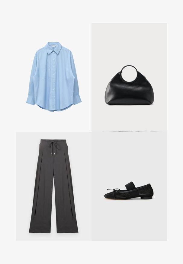 Chemise bleu clair à manches longues avec col pointu et poche poitrine gauche, présentée à plat sur un fond blanc.; Pantalon large gris foncé avec plis et taille à cordon de serrage à l'avant, posé à plat sur un fond clair.; Chaussure plate noire avec un bout pointu, fabriquée en tissu texturé, avec un accent à nœud et un petit talon rond. Sangle élastique au niveau de la cheville.; Sac à main en cuir noir de forme arrondie avec une anse supérieure circulaire enveloppée de couture en cuir assorti.