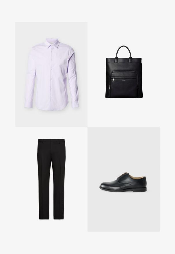 Chemise à manches longues de couleur violet clair en coton, avec un devant à boutons, un col pointu et un petit logo sur la poitrine.; Pantalon formel noir avec passants de ceinture, pli de couture à l'avant et coupe droite, sur fond blanc.; Calvin Klein ESS DERBY - Derbies - triple black; Sac cabas en cuir noir avec anses supérieures et poche avant zippée portant un petit logo Calvin Klein sur la poche.