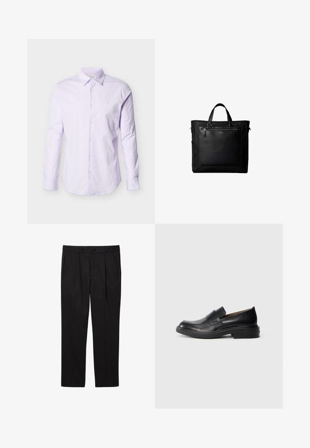 Chemise à manches longues de couleur violet clair en coton, avec un devant à boutons, un col pointu et un petit logo sur la poitrine.; Pantalons formels noirs pour hommes avec poches avant, passants pour ceinture, fermeture par bouton et coupe droite.; Chaussure habillée noire en cuir, à enfiler, avec un petit talon et un logo Calvin Klein discret sur le côté, présentée de profil sur un fond blanc.; Sac cabas noir avec doubles poignées, grande poche avant en cuir avec fermeture éclair et logo discret Calvin Klein au centre de la poche.