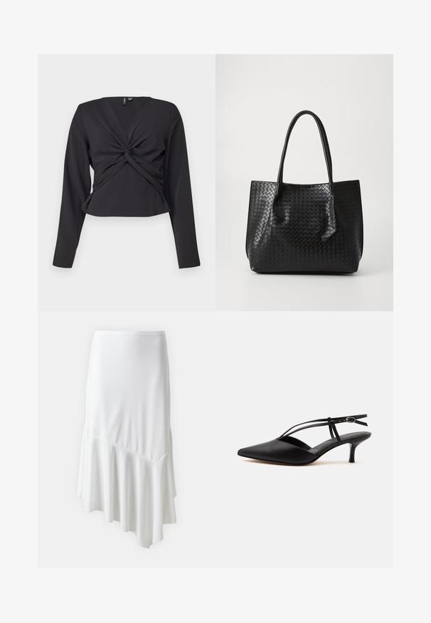 Sort langærmet top med twist-front detalje, tætsiddende design og glat tekstur. Korte længde med V-udskæring.; Hvid asymmetrisk nederdel lavet af blød stof, med en udvidet kant og en sidelomme for ekstra funktionalitet. Glat tekstur hele vejen igennem.; Sort læder spids tå kitten heel med tynd ankelrem og spænde, slingback design, på en ensfarvet lys baggrund.; Sort vævet læder tote bag med to håndtag, struktureret form og subtil glansfinish på en ensfarvet lys baggrund.