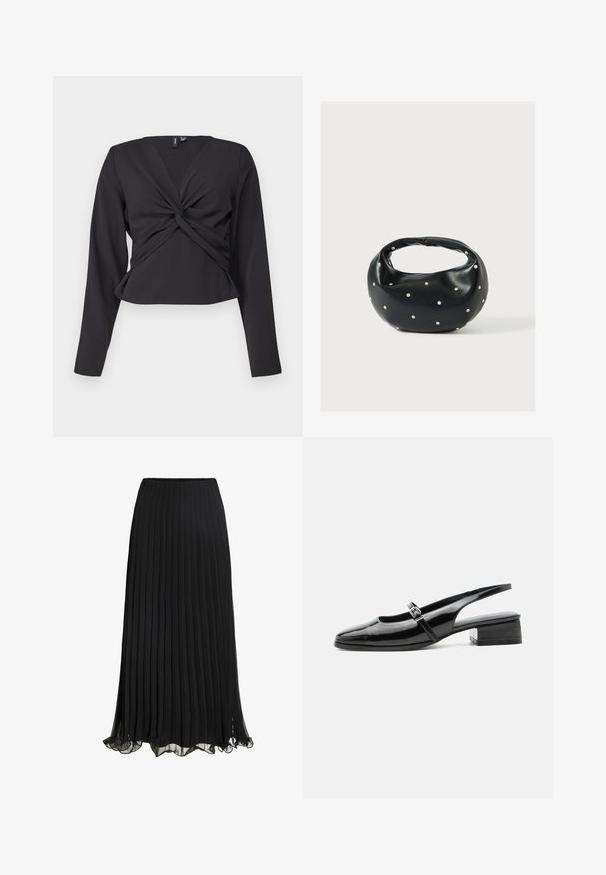 Top negro de manga larga con detalle de giro en la parte delantera, diseño ajustado y textura suave. Longitud corta con escote en V.; Falda maxi plisada negra hecha de un tejido liviano con un diseño fluido. Cuenta con un dobladillo con volantes y una cinturilla elástica para mayor comodidad.; Zapato slingback de charol negro con tacón bajo y grueso y una fina correa con hebilla de plata en la parte superior.; Bolso de mano de cuero negro con forma redondeada, decorado con detalles de tachuelas plateadas y un asa corta. Textura lisa y cierre con cremallera.