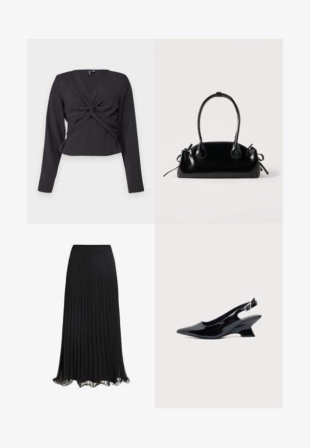 Sort langærmet top med twist-front detalje, tætsiddende design og glat tekstur. Korte længde med V-udskæring.; Sort plisseret maxiskørt lavet af letvægtsstof med et flydende design. Har en volangkant og elastisk talje for komfort.; Sort laklæder slingback sko med spids tå og lav vinklet blokhæl på ensartet lys baggrund.; Lille sort blank håndtaske med to lange håndtag og snøre-detaljer i siden på en ensfarvet lys baggrund.