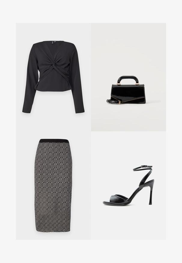Top negro de manga larga con detalle de giro en la parte delantera, diseño ajustado y textura suave. Longitud corta con escote en V.; Falda lápiz a rayas en blanco y negro con un tejido texturizado, que presenta una cinturilla acanalada y un diseño geométrico en toda la prenda.; Sandalia negra de tacón alto con puntera abierta, tacón de aguja delgado y correa en el tobillo con hebilla sobre fondo blanco.; Bolso rectangular negro brillante con asa superior, herrajes dorados y correa desmontable, colocado sobre un fondo claro y sencillo.