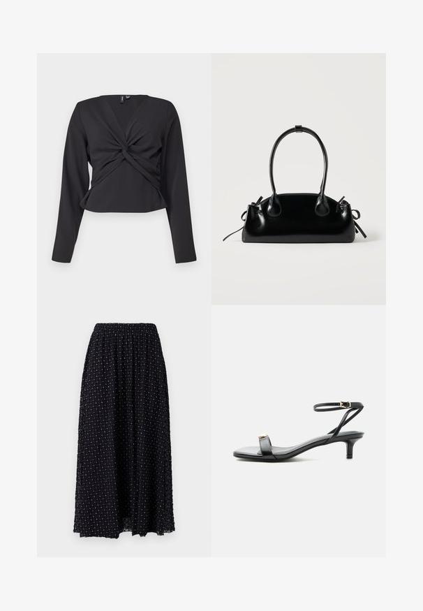 Top negro de manga larga con detalle de giro en la parte delantera, diseño ajustado y textura suave. Longitud corta con escote en V.; Falda maxi negra con una textura de malla de patrón en diamante, cintura elástica y ligero fruncido en la parte superior, con detalles plateados a lo largo.; Sandalia de cuero negro con punta abierta, tacón bajo tipo ‘‘kitten’’, tirante fino en el tobillo con hebilla dorada y detalle decorativo dorado en la tira delantera.; Pequeño bolso negro brillante con dos asas largas y detalles de cordón lateral sobre un fondo claro liso.