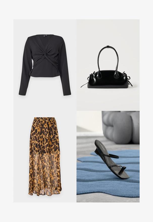 Top negro de manga larga con detalle de giro en la parte delantera, diseño ajustado y textura suave. Longitud corta con escote en V.; Falda de estampado de leopardo hecha de un tejido ligero y transparente. Presenta una cinturilla elástica y un diseño fluido, con tonos de manchas marrones y negras.; Sandalia negra con tiras y lazo para el dedo en una alfombra texturizada azul, con un gran objeto decorativo gris desenfocado en el fondo.; Pequeño bolso negro brillante con dos asas largas y detalles de cordón lateral sobre un fondo claro liso.