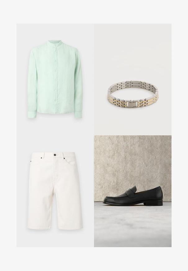 Chemise à manches longues vert clair avec col mandarin, en tissu légèrement texturé, présentée sur un fond uni.; Short en denim blanc avec bouton et fermeture éclair à l'avant, passants pour ceinture et design à cinq poches, présenté sur un fond uni.; Mocassin en cuir noir flottant au-dessus d'un tapis beige avec une table ronde brune brillante en arrière-plan.; Bracelet en métal argenté et doré avec un fermoir rectangulaire gravé du nom d'une marque sur fond blanc.