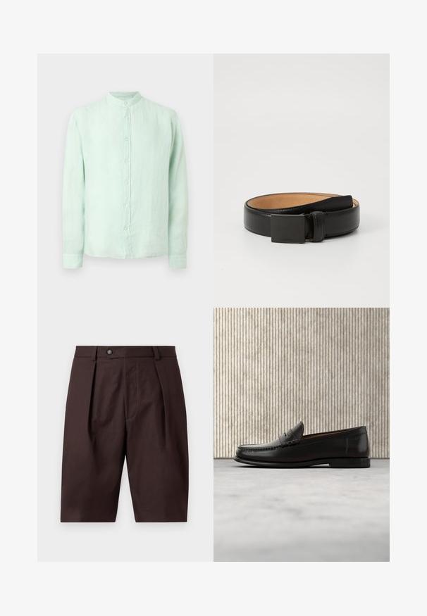Chemise à manches longues vert clair avec col mandarin, en tissu légèrement texturé, présentée sur un fond uni.; Shorts marron sur mesure longueur genoux avec plis devant, passants de ceinture et fermeture par bouton sur un fond uni clair.; Mocassin penny en cuir noir avec talon bas, bout arrondi et détails cousus à l'avant et sur les côtés, présenté sur un fond neutre.; Ceinture en cuir noir avec une finition lisse, dotée d'une boucle rectangulaire en métal noir et d'une doublure intérieure beige. Design simple et classique.