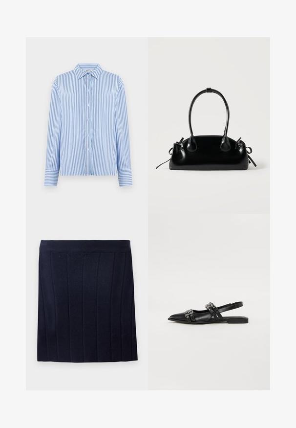 Hemd in Hellblau mit weißen vertikalen Streifen. Verfügt über einen Kragen und lange Ärmel mit Knopfmanschetten. Glatte Textur.; Object OBJTHESS - Minirock - sky captain; Even&Odd Sling-Ballerina - black; Kleine schwarze glänzende Handtasche mit zwei langen Griffen und seitlichen Kordelzug-Details vor einfachem hellem Hintergrund.