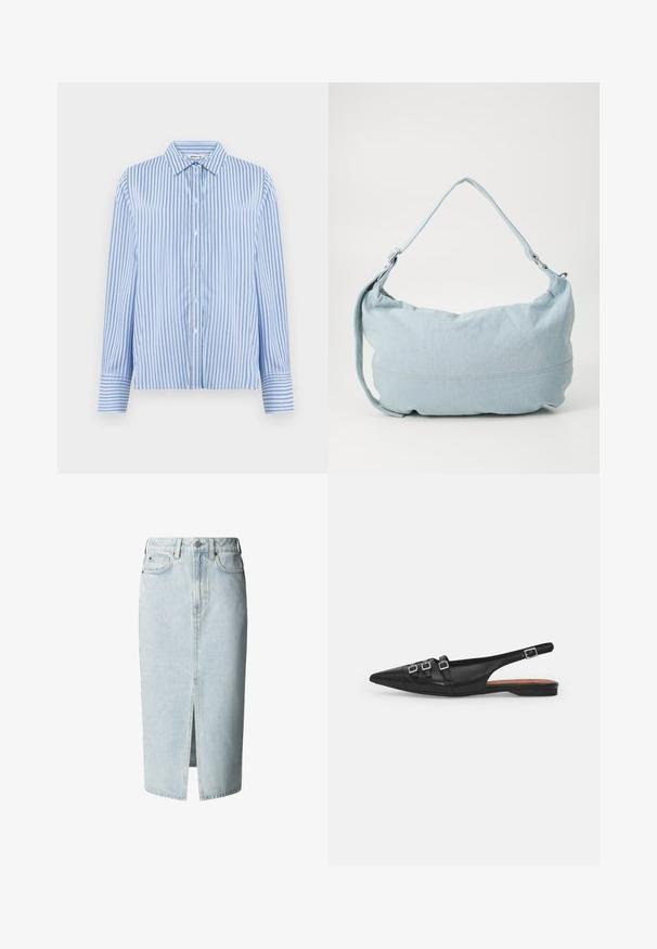Button-up skjorte i lyseblå og hvide lodrette striber. Har krave og lange ærmer med knapmanchetter. Glat tekstur.; Lyseblå denim midi nederdel med frontslids, bæltestropper, knap- og lynlåsfastgørelse samt for- og baglommer.; Sort læderslyngeflad sko med spids tå, der har to vandrette stropper og firkantede sølvspænder, lav hæl og glat tekstur.; Lysblå denim skuldertaske i en rund form, justerbar rem og diskret syning langs den nederste kant. Blød tekstur.