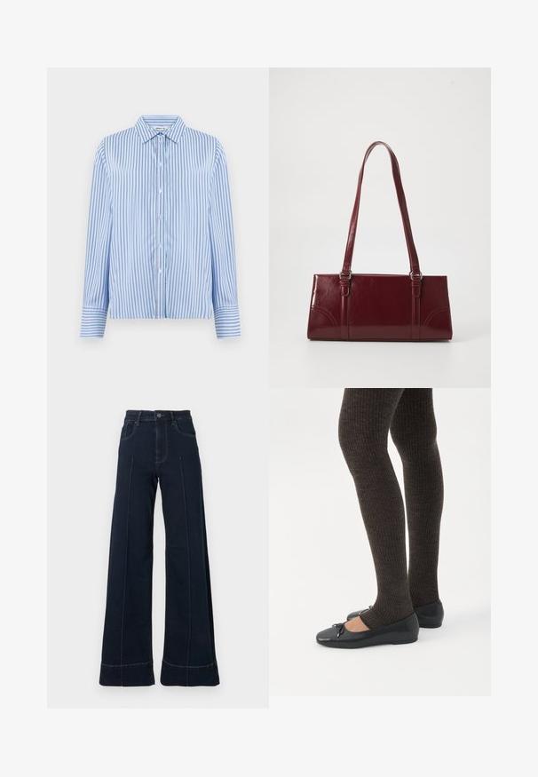 Overhemd met knopen in lichtblauw en witte verticale strepen. Heeft een kraag en lange mouwen met knoopmanchetten. Glad materiaal.; Donkerblauwe, wijde jeans met een hoge taille, voorzien van voorzakken en zichtbare stiksels. Gemaakt van denimstof met een gladde textuur.; Benen met donkere geribbelde leggings gecombineerd met zwarte ballerina's met kleine strikdetails op een witte achtergrond.; Bourgondische handtas van glanzend materiaal, rechthoekige vorm, met twee schouderbanden en subtiele gebogen accenten aan de voorkant.