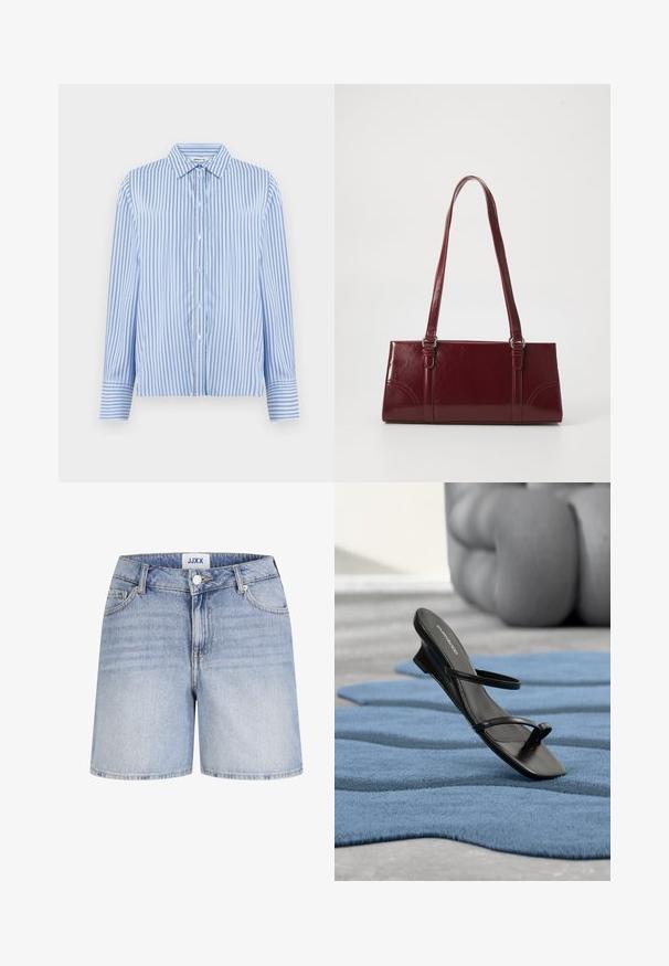 Hemd in Hellblau mit weißen vertikalen Streifen. Verfügt über einen Kragen und lange Ärmel mit Knopfmanschetten. Glatte Textur.; Hellblaue Denim-Shorts mit Knopf vorne, Reißverschluss, Gürtelschlaufen und fünf Taschen, innen im Bund mit JJXX gekennzeichnet.; Schwarze Riemchensandale mit Zehenring, auf einem blau strukturierten Teppich präsentiert, mit einem großen grauen Dekorationsobjekt unscharf im Hintergrund.; Burgunderfarbene Handtasche aus glänzendem Material, rechteckige Form, mit zwei Schulterriemen und subtilen, geschwungenen Akzenten an der Vorderseite.