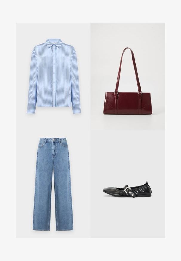 Button-up skjorte i lyseblå og hvide lodrette striber. Har krave og lange ærmer med knapmanchetter. Glat tekstur.; Lyseblå jeans med brede ben lavet af denim. Har høj talje, bæltestropper, forlommer og en enkelt baglomme. Glat tekstur.; Sorte læder flade sko med spids tå, samling detaljer omkring åbningen, og en sølv spænde accent på den justerbare rem.; Bordeaux håndtaske lavet af glansfuldt materiale, rektangulær form, med to skulderremme og subtile buede detaljer på forsiden.