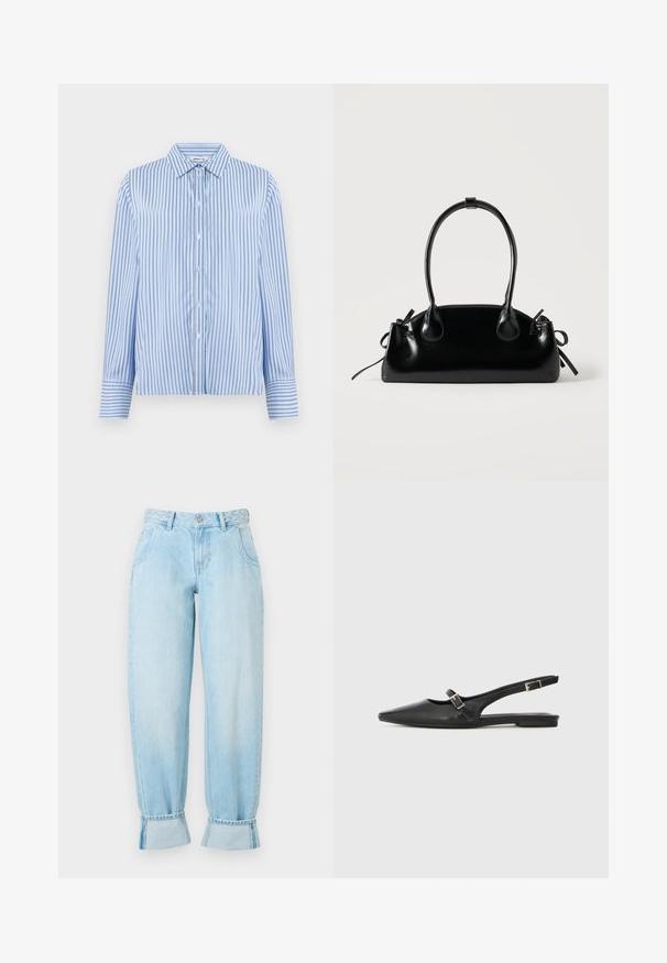 Hemd in Hellblau mit weißen vertikalen Streifen. Verfügt über einen Kragen und lange Ärmel mit Knopfmanschetten. Glatte Textur.; Helle blaue Jeans mit hoher Taille, geflochtenem Taillendetail, lockerer Passform und umgeschlagenen Säumen. Verfügt über Fronttaschen.; Schwarze Slingback-Schuhe aus Leder mit spitzer Zehenpartie, schmalem Riemen und silberner Schnallenverzierung an der Seite. Flache Sohle.; Kleine schwarze glänzende Handtasche mit zwei langen Griffen und seitlichen Kordelzug-Details vor einfachem hellem Hintergrund.