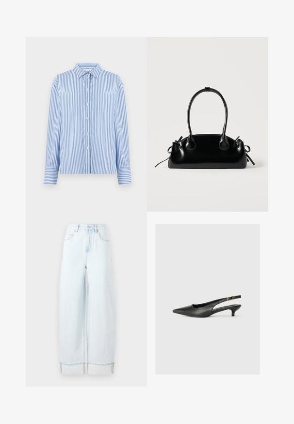 Button-up skjorte i lyseblå og hvide lodrette striber. Har krave og lange ærmer med knapmanchetter. Glat tekstur.; Lyseblå vidde jeans lavet af denim, med høj talje, forlommer og en rullet kant med synlige syninger.; Sorte spidse slingback-sko lavet af glat læder. Har en tynd hæl og en spænde detalje på den justerbare rem.; Lille sort blank håndtaske med to lange håndtag og snøre-detaljer i siden på en ensfarvet lys baggrund.