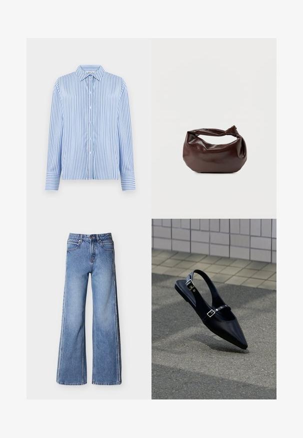Hemd in Hellblau mit weißen vertikalen Streifen. Verfügt über einen Kragen und lange Ärmel mit Knopfmanschetten. Glatte Textur.; Weit geschnittene blaue Jeans aus Denim mit hoher Taille, kontrastierenden Nähten und einer dezenten verwaschenen Textur.; Schwarzer Slingback-Flachschuh mit spitz zulaufender Spitze und doppelten Schnallenriemen, ruhend auf grauem Asphalt nahe einer gefliesten Wand.; Dunkelbraune Lederschultertasche mit weicher, lockerer Form und einem gedrehten Knotengriff vor schlichtem weißem Hintergrund.