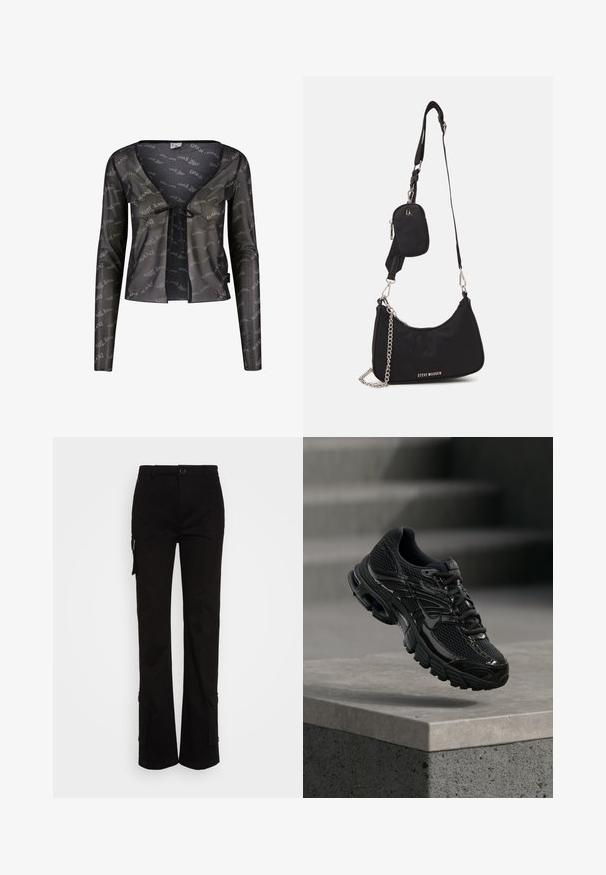 Zwarte transparante cardigan met lange mouwen, een diepe V-hals, striksluiting en een algeheel 'Karl Kani' logo-patroon.; Nicki Studios STRAIGHT POCKET PANTS - Cargobroek - black; Zwarte Nike hardloopschoen met mesh en synthetische bovenkant die boven een betonnen oppervlak en trappen op de achtergrond zweeft.; Zwarte nylon schoudertas met een gebogen vorm, zilveren kettingaccent, afneembaar mini-zakje en verstelbare schouderband; voorzien van het "Steve Madden" logo.
