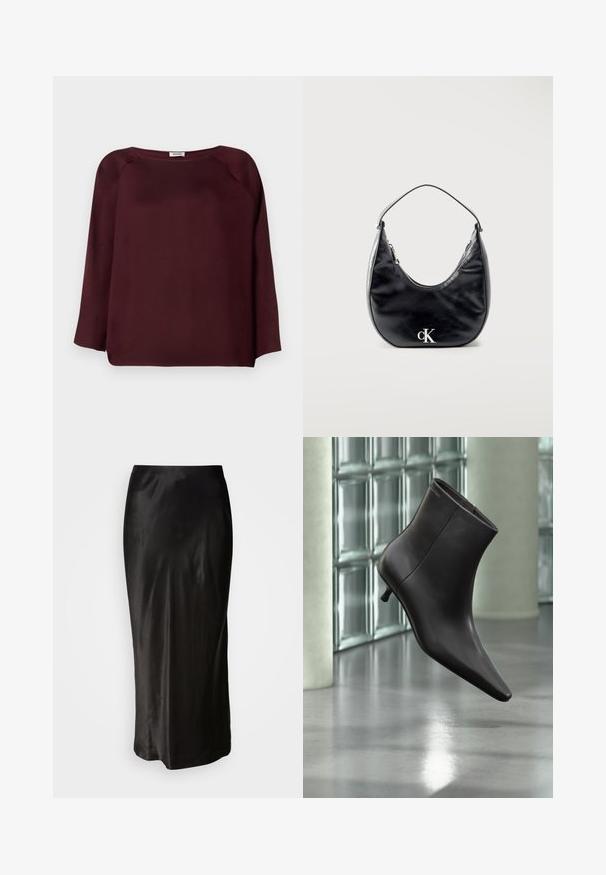 Blouse bordeaux à manches longues avec un décolleté large, tissu doux, design à épaules tombantes et finition droite. Texture lisse, sans motifs visibles.; Jupe en satin noir avec une texture lisse. Design long jusqu'au sol avec une taille ajustée et une légère évasement à l'ourlet. Aucun motif ou matériel visible.; Bottine en cuir noir avec bout pointu et petit talon, présentée devant un mur en blocs de verre et un sol poli.; Sac à main en cuir noir en forme de croissant avec une sangle courte et un logo "cK" argenté sur le devant, fermeture éclair en haut.