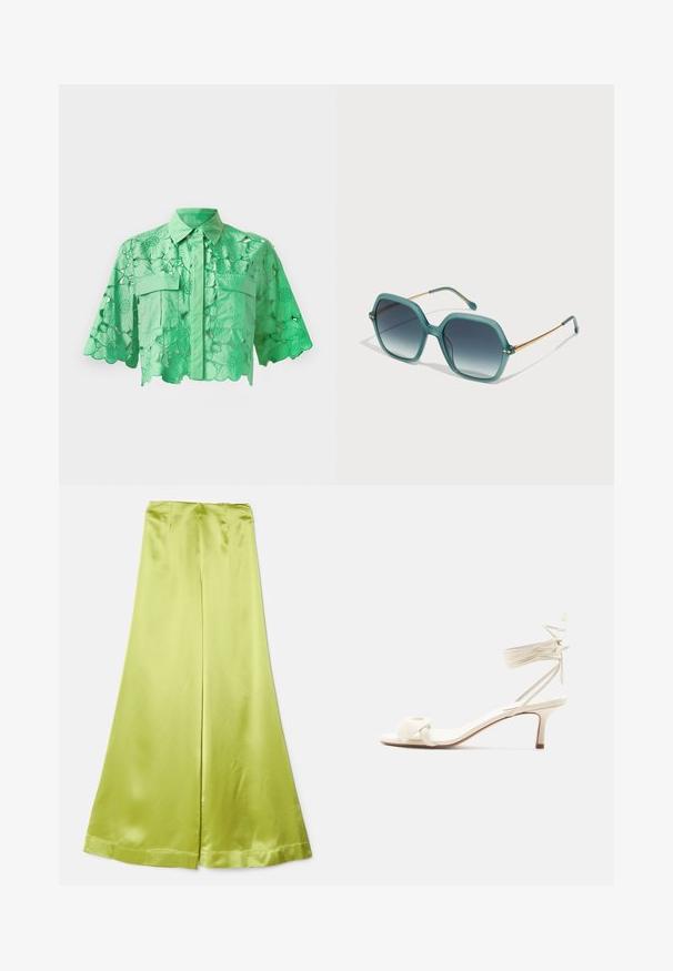 Chemise verte à manches courtes avec un design découpé floral, boutonnée à l'avant, deux poches poitrine et un col soigné. Texture lisse.; Pantalons larges en satin de couleur vert lime vif, avec une texture lisse, des lignes épurées et une ceinture.; Sandale à talon bas de couleur crème avec des liens à nouer autour de la cheville et une large bride torsadée sur les orteils, sur un fond blanc uni.; Lunettes de soleil en plastique teal avec une forme octogonale, des verres dégradés gris et des accents en métal doré sur les branches.