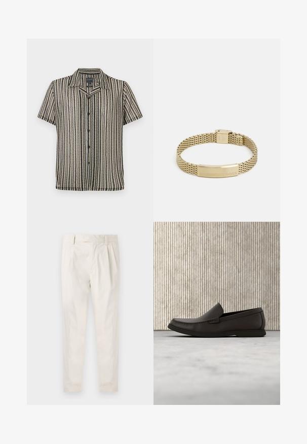 Kortærmet skjorte med knaplukning i en stribet mønster i dæmpede nuancer af beige, sort og grå. Har en camp collar og en afslappet pasform.; Hvide, plisserede bukser med en skræddersyet pasform, der har en glat overflade, bæltestropper og smalnede ben. Ingen synlige lommer eller mønstre.; Mørkebrun læderloafers med en rund tå, diskrete syninger og en lav gummisål. Glat tekstur med en fleksibel pasform.; Guldfarvet mesh-armbånd med en flad, indgraveret plade med ordet "BOSS". Designet er strømlinet med en metallisk tekstur og sikker lukning.