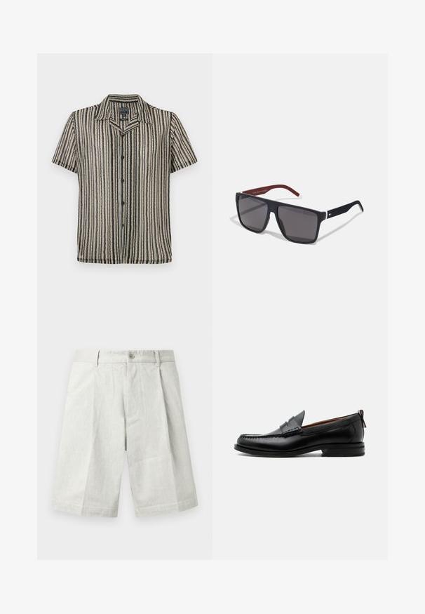 Korte mouwen button-up shirt met een gestreept patroon in zachte tonen van beige, zwart en grijs. Heeft een kampkraag en een relaxte pasvorm.; Lichtgrijze korte broek van gestructureerde stof, met knoopsluiting, plooien en een rechte snit, geschikt voor casual draagstijl.; Zwarte leren herensloffen met moc toe stiksel, pennyriem, gestructureerde kraag en lage gestapelde hak op witte achtergrond.; Tommy Hilfiger Zonnebril - matte blue
