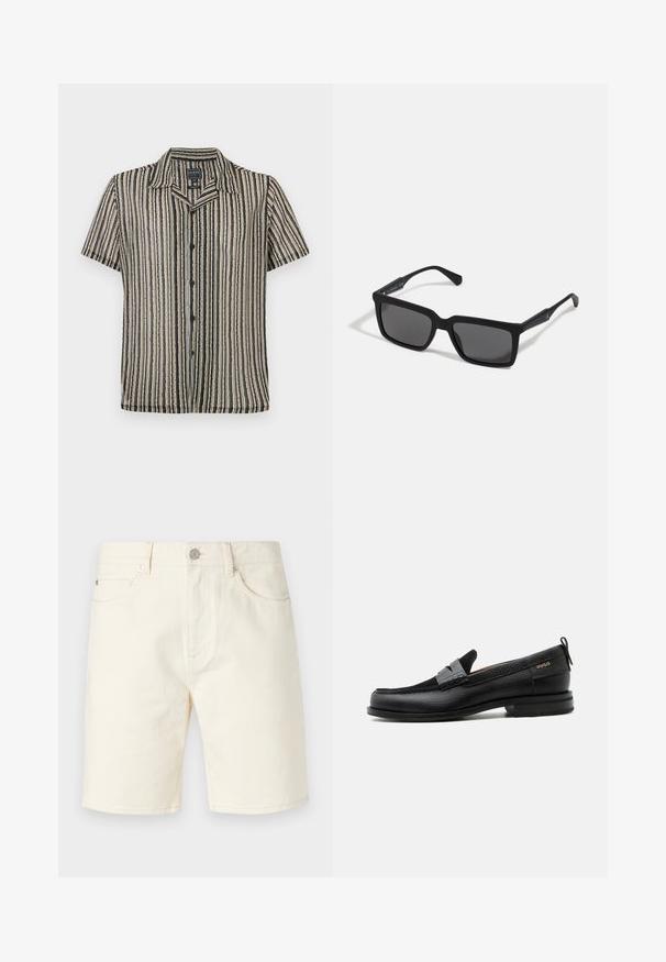 Korte mouwen button-up shirt met een gestreept patroon in zachte tonen van beige, zwart en grijs. Heeft een kampkraag en een relaxte pasvorm.; Lichtbeige denim shorts met een klassieke snit, voorzien van vo pockets, riemlussen en een knoopsluiting. Glad textuur met een effen kleur.; Zwarte leren loafer met grijs riemdetailelement, lage hak en gestructureerde zool, aan de zijkant gebrandmerkt met "HUGO" in goud.; Zwarte zonnebril met rechthoekige lenzen, matte afwerking, dikke montuur en slanke veren met subtiele merkaanduiding.
