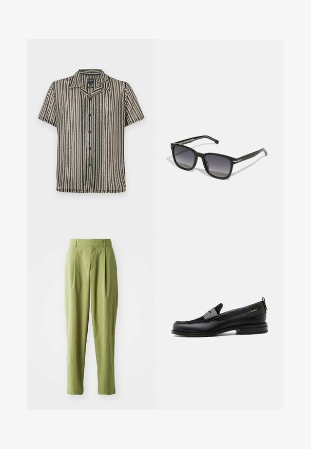 Korte mouwen button-up shirt met een gestreept patroon in zachte tonen van beige, zwart en grijs. Heeft een kampkraag en een relaxte pasvorm.; Lichtgroene broek van een gestructureerde stof, met een rechte pasvorm, plooien aan de voorkant en een standaard tailleband.; Zwarte leren loafer met grijs riemdetailelement, lage hak en gestructureerde zool, aan de zijkant gebrandmerkt met "HUGO" in goud.; BOSS Zonnebril - black