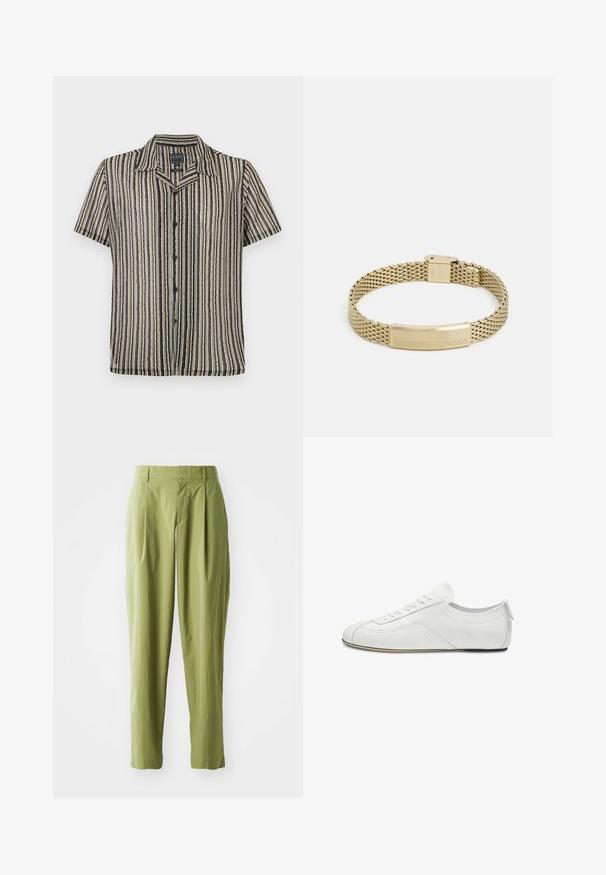 Kortærmet skjorte med knaplukning i en stribet mønster i dæmpede nuancer af beige, sort og grå. Har en camp collar og en afslappet pasform.; Lys grønne bukser lavet af et struktureret stof, med en lige form, folder foran og en standard talje.; Hvid lavtop lædersneaker med snørelukning foran, diskrete syningsdetaljer og en flad, tynd sål vist i sideprofil.; Guldfarvet mesh-armbånd med en flad, indgraveret plade med ordet "BOSS". Designet er strømlinet med en metallisk tekstur og sikker lukning.