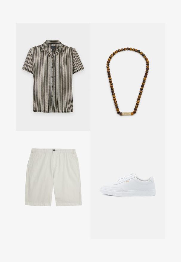 Korte mouwen button-up shirt met een gestreept patroon in zachte tonen van beige, zwart en grijs. Heeft een kampkraag en een relaxte pasvorm.; Lichtbeige shorts tot over de knie met steekzakken aan de voorkant, riemlussen, knoopsluiting en een nette, gladde stof.; Witte leren sneakers met een gladde textuur, ronde neus en tonale stiksels. Voorzien van blauwe veters en een gouden logo op de zijkant.; Bruin en zwart gestreepte tiger's eye kralenketting met een centrale goudkleurige BOSS logo accent. Glad, ronde kralen met een glanzende afwerking.