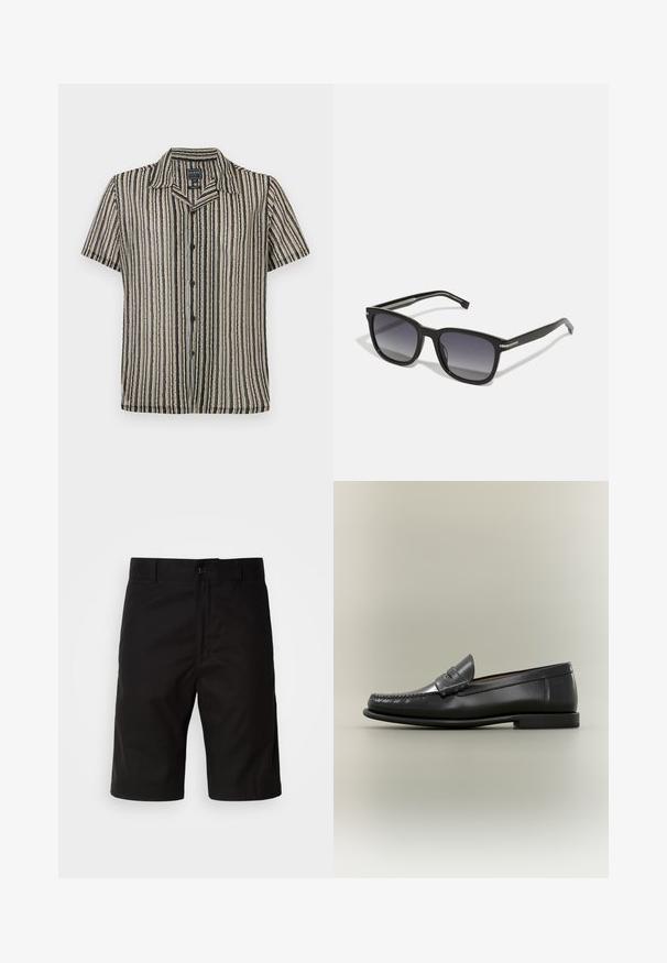 Korte mouwen button-up shirt met een gestreept patroon in zachte tonen van beige, zwart en grijs. Heeft een kampkraag en een relaxte pasvorm.; Zwarte shorts van stevige stof, met een rechte snit, knoopsluiting en een gladde textuur zonder zichtbare patronen.; Zwarte leren herenslipper met moc-toe ontwerp, pennestrook en lage hak op een neutrale achtergrond.; BOSS Zonnebril - black